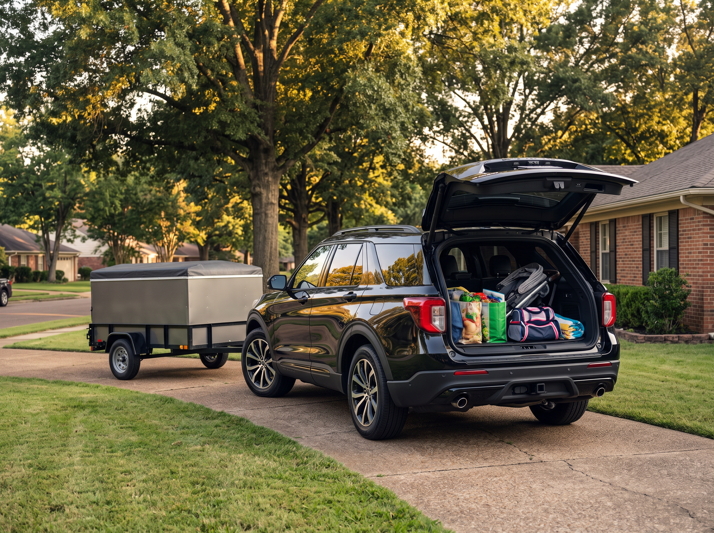 2026 Ford Explorer shown in a suburban Memphis-area setting with family cargo and towing context