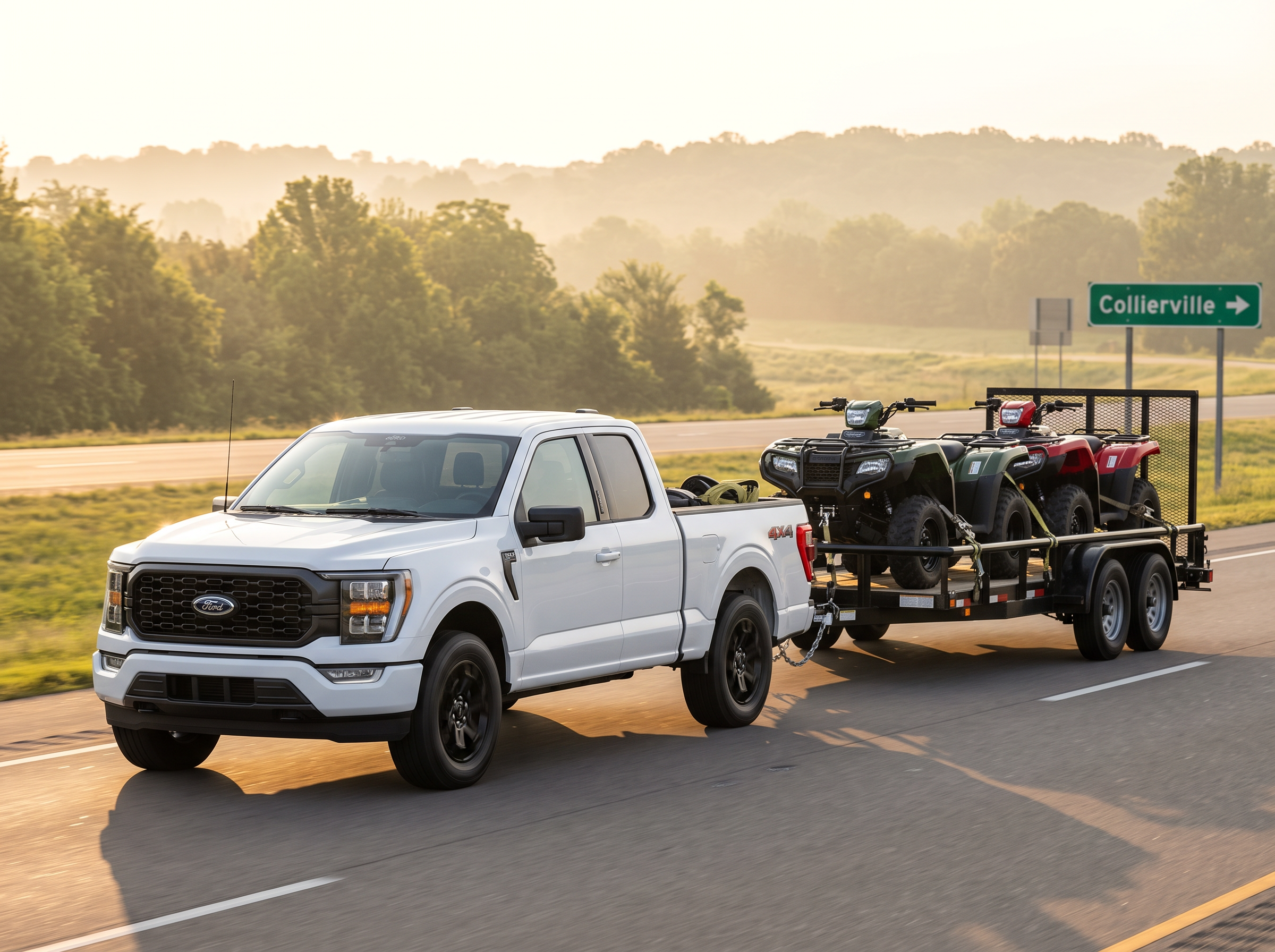 2026 Ford F-150 Platinum pulling a trailer loaded with ATVs and four-wheelers