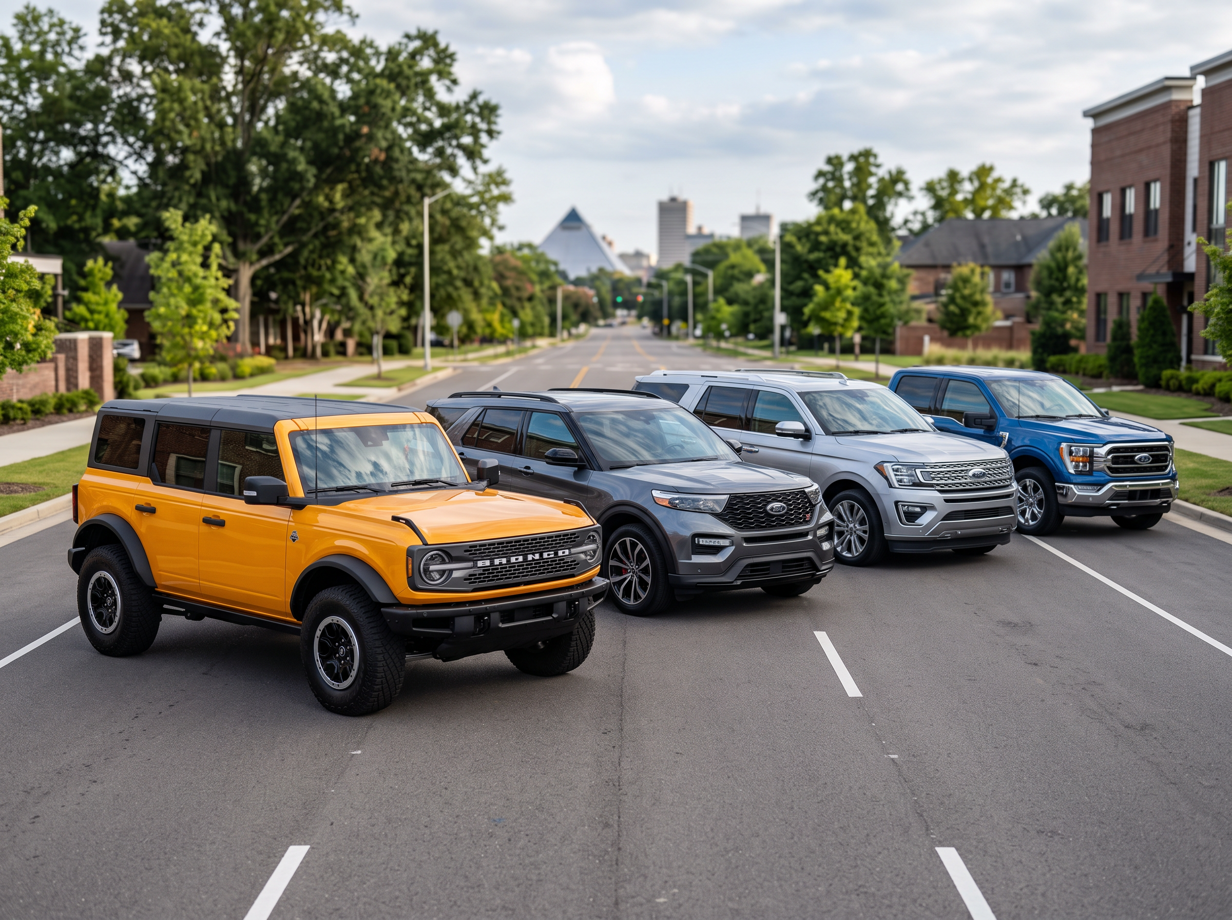 Ford Bronco, Explorer, Expedition, and F-150 shown together for a Memphis-area vehicle comparison
