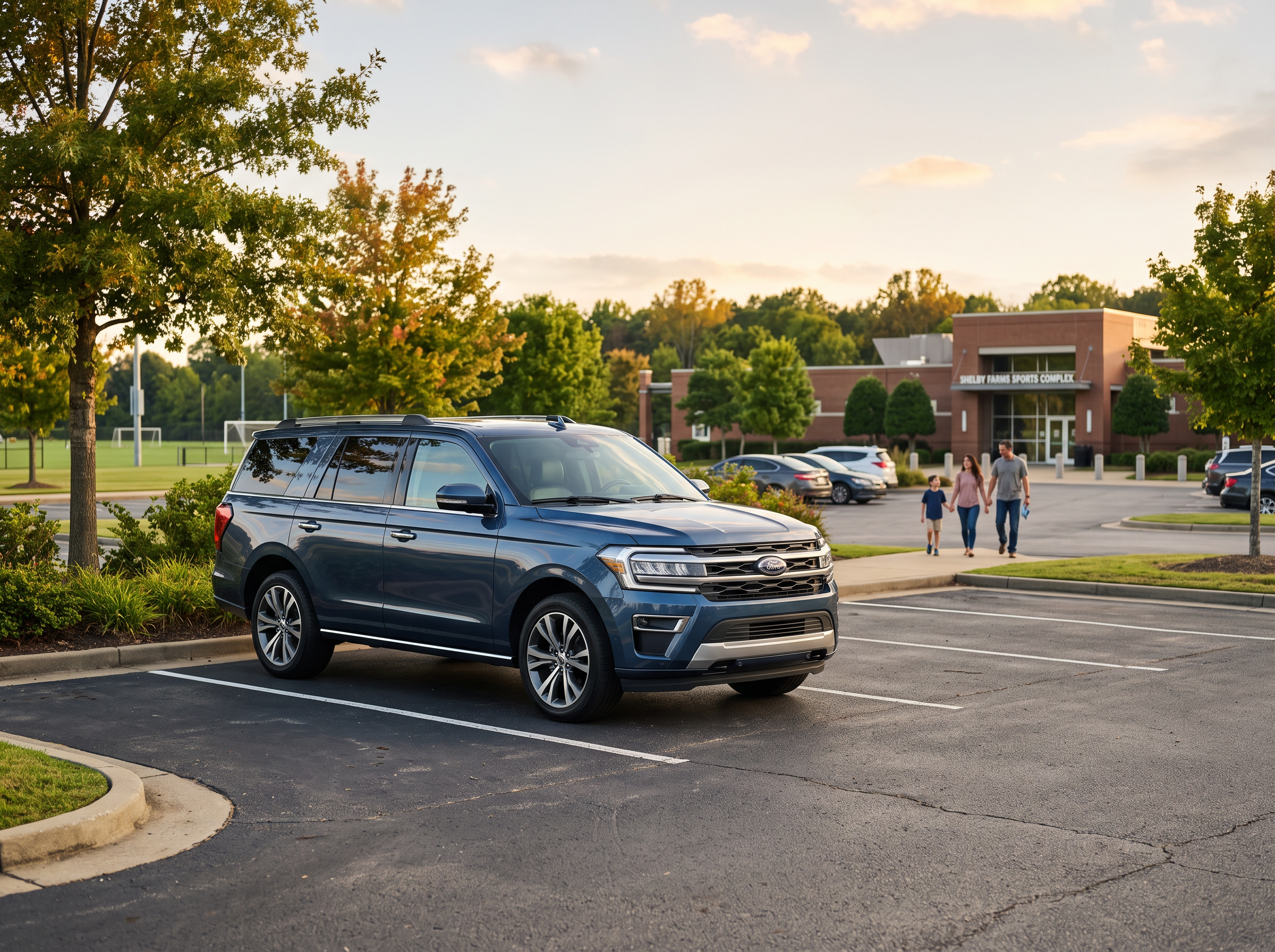 2027 Ford Expedition parked near a Memphis-area family destination for full-size SUV comparison shopping